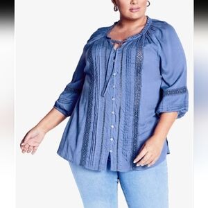 Avenue Liana Lace Boho Pleated Peasant Blouse in Bluebird NWT Plus Size 18
